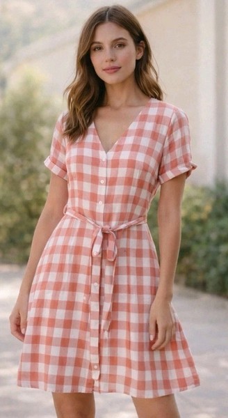 JERICHO ROAD Paradise Gingham A Line Dress Linen Cotton Belt Lined Sz 10 EUC