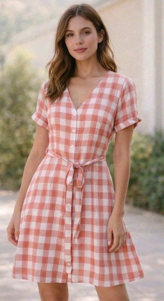 JERICHO ROAD Paradise Gingham A Line Dress Linen Cotton Belt Lined Sz 10 EUC