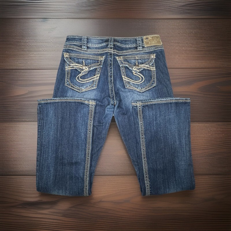 Silver Jeans Suki Surplus Dark Wash 31x32 Mid Rise Boot Cut Flap Button Pockets