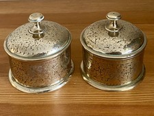 Vintage Indian Brass Lidded Pots x 2 Patterned Engraved Hand Crafted 8.5 cm Dia