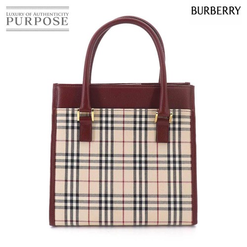 Burberry Nova Check Hand Bag Canvas Leather Beige Bordeaux Gold Hardware Hand Ba