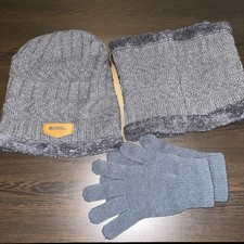 Knitted MATCHING HAT- NECK WARMER GLOVES SET NEW fleece plush lined GRAY
