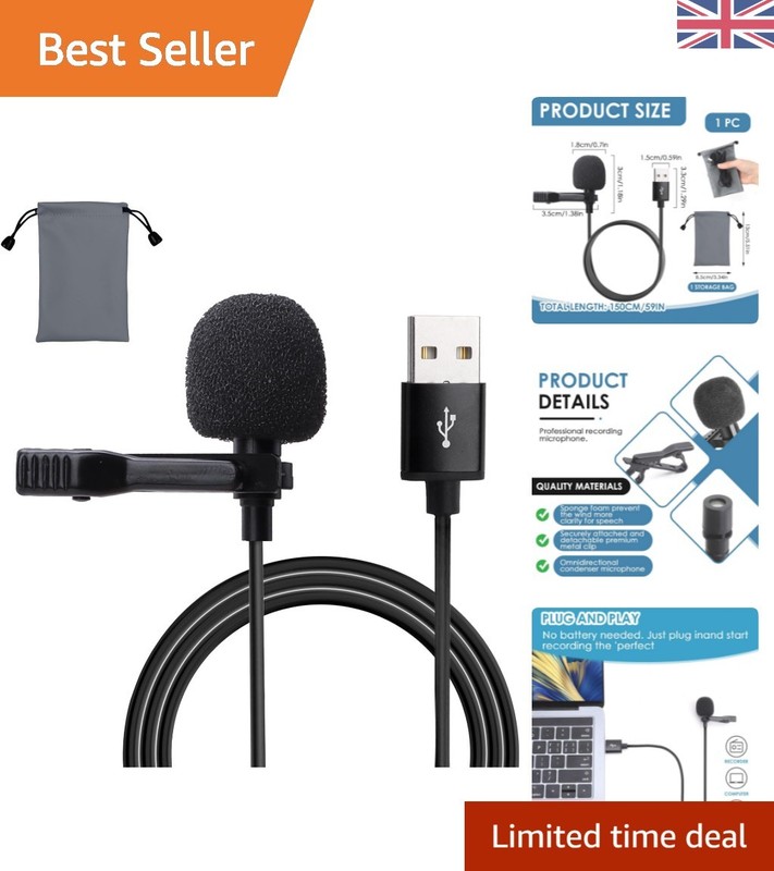 Omnidirectional USB Lavalier Mic - Plug & Play Lapel Microphone for All Devices