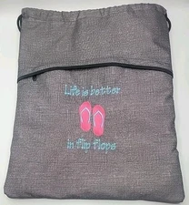 Thirty-One Signature Collection Drawstring Backpack Sack Woven Gray Beach Theme 
