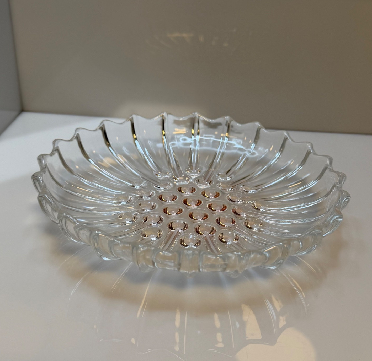 Vintage Clear with Pink Tint Depression Glass Hobnail Dish w/Scalloped Edge 8
