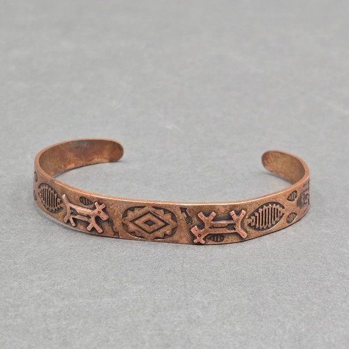 Vintage Southwestern Copper Storyteller Cuff Bracelet 6.75" Hand Stamped
