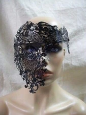 Black Metal Filigree Half Phantom Eye Mask Green Stones Masquerade Opera Unisex