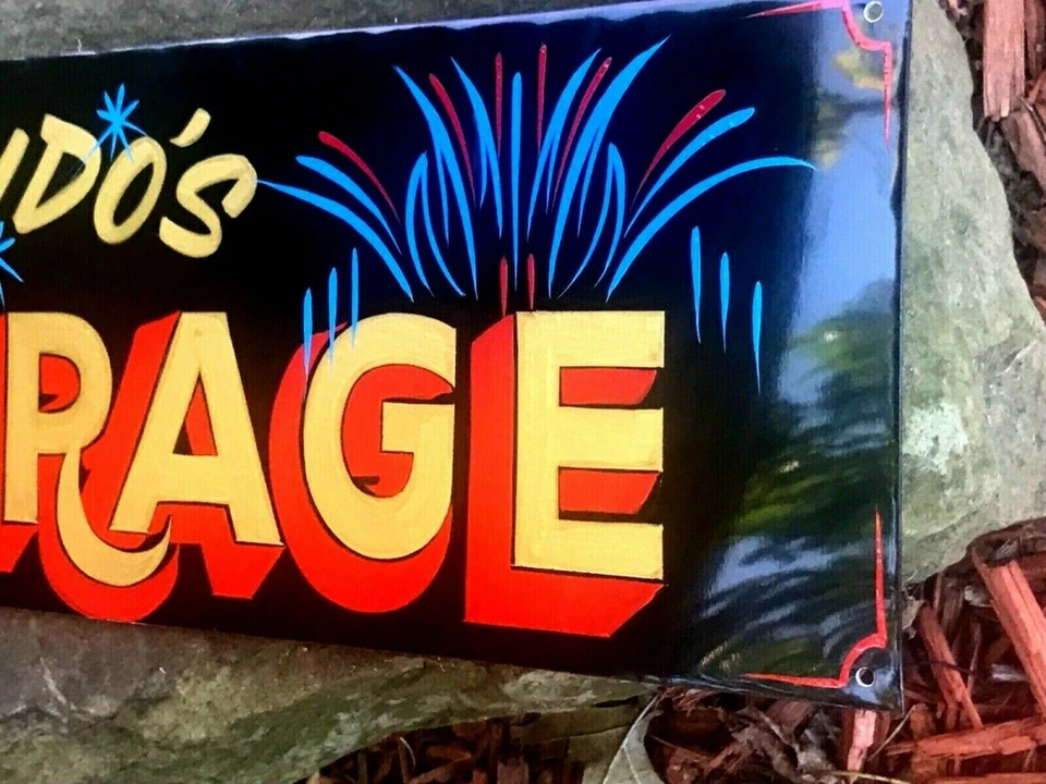 Letrero de nombre de tienda Hot Rat Rod pintado garaje personalizado vintage arte a rayas Foto 4 de 4