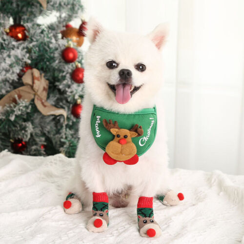 4Pcs Non-Slip Pet Christmas Socks Set Puppy Knitted Paw Protector Dog Cat Socks♡ - Picture 10 of 28