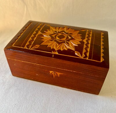 Vintage Wood Ornate Hand Carved Wooden USSR Russian Trinket Box Label On Bottom