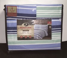 MOSSY OAK 4 Pc STRIPED TWIN SHEET SET 1 EX PILLOWCASES Blue White Green NEW