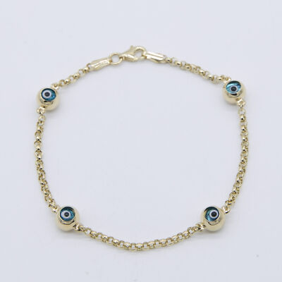 Runde Evil Eye Charm Rolo Kette Armband Echt 14K Gelbgold