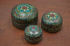 3 PCS SET HANDMADE BRASS TURQUOISE CORAL NEPAL TRINKET KEEPSAKE BOXES #F-1178