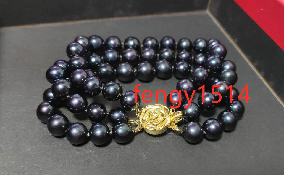 Brazalete 3 Filas AAA+ 9-10mm Tahití Redondo Negro Azul Perla Perla 7.5-8" 14k Foto 4 de 4