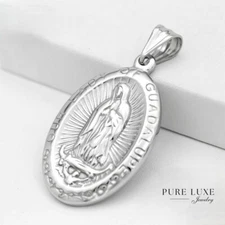 Men's Silver,Stainless Steel 55mm Our Lady of Guadalupe Pendant*Unisex + Box