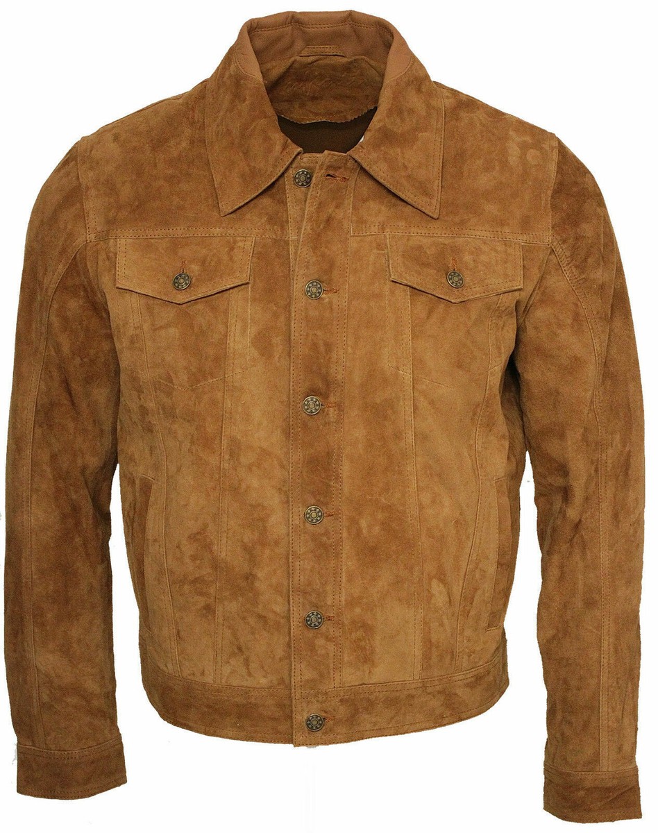 Men's Trucker Casual Tan Goat Suede Leather Shirt Jeans Jacket | eBay