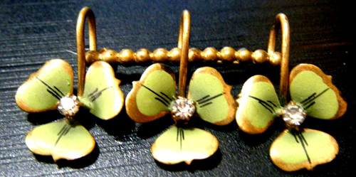 Antique 3 clovers brass Pin enamel with prong stone each clover is 3 leaves