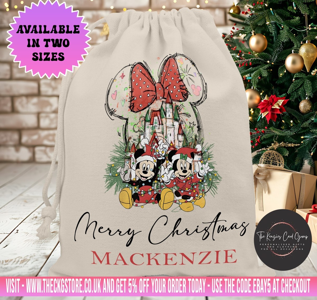 Personalised Disney Mickey Linen Christmas Sack Stocking Custom