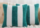 2 pk STRIPED Throw Pillow Covers TEAL & WHITE 20"x20" SOFT Furry FAUX Fur VELVET