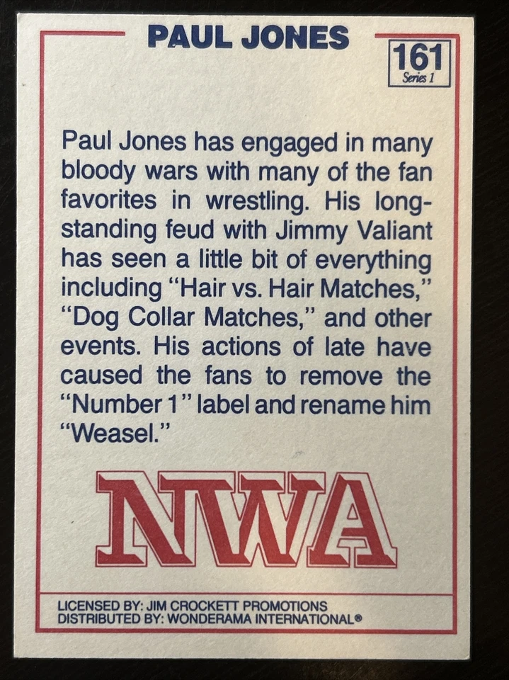 1988 Wonderama NWA Wrestling Card, Paul Jones, Card #161 - Image 2 of 2