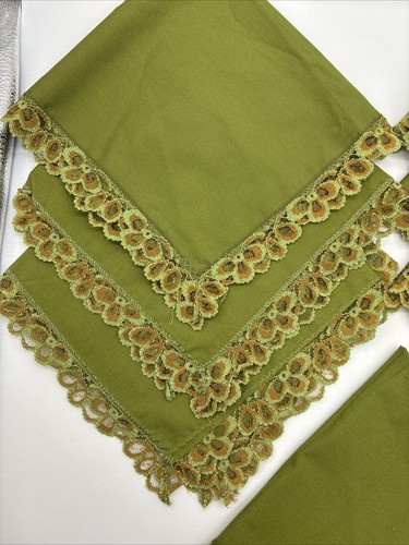 Mid-Century 4 Piece Set Cloth Dinner Napkins 16x16" Green Lace Trim Vintage MCM - Picture 3 of 10