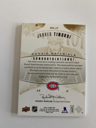 2013-14 SPx Rookie Materials Patches #RMJT Jarred Tinordi 74/75 CANADIENS - Picture 2 of 2