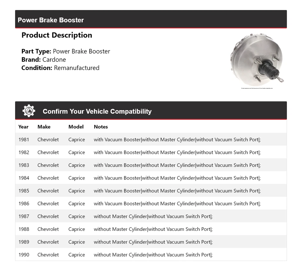 Усилитель тормозов Chevrolet Caprice 1981-1990 годов выпуска Cardone 1982 1983 1984 1985 - Изображение 2 из 4