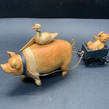 Blossom Bucket Folk Art Pig Pulling Cart Goose Piglet Farm Deco Figure ‘08 Betty