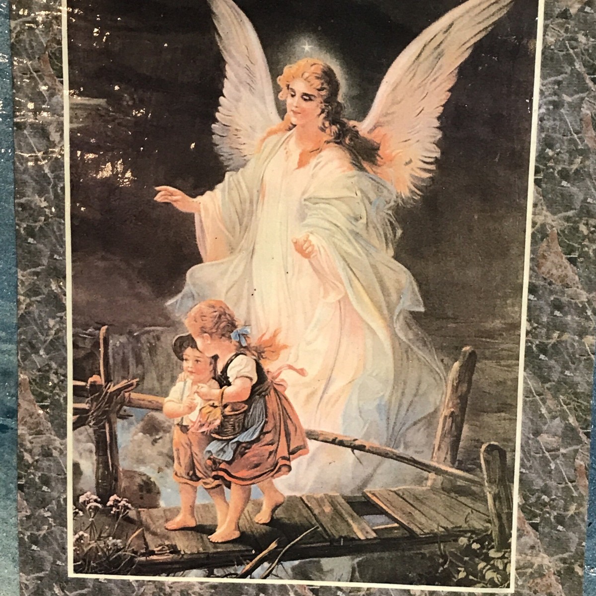Guardian Angel Children on wooden Bridge on Glossed Roofing Slate