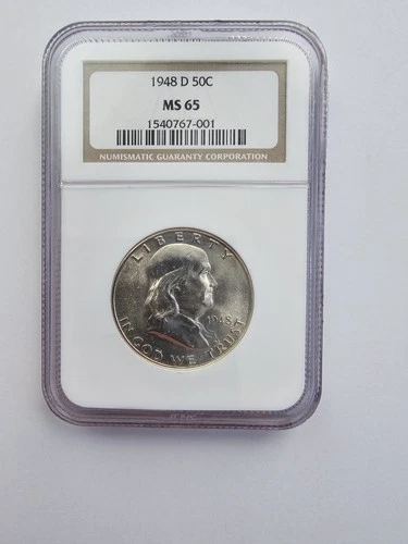 SILVER 1948 D MS65 FRANKLIN HALF DOLLAR GRADED NGC 50C D MINT 90% AG COIN