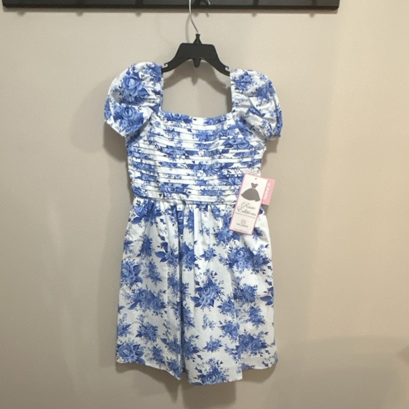 NWT Rare Editions Girls Blue Floral Cotton A-Line Puff Sleeve Knee Dress Size 6X