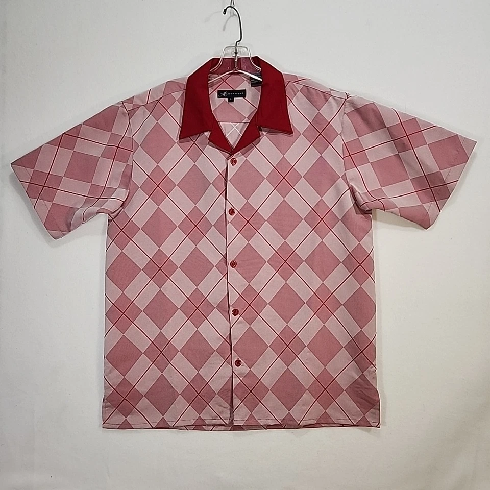 Camisa Montique Grande Para Hombre Abotonada Manga Corta Roja Cuadros A Cuadros Argyle Foto 2 de 4