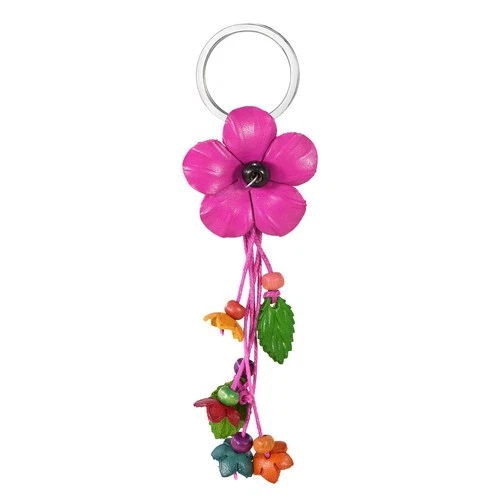 Striking Tropical Flower Fuchsia Pink Leather and Beads Bag Ornament Keychain