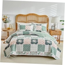 3 Pieces Floral Patchwork Quilt Set Queen Flowers Design, Queen-90"x90" Green