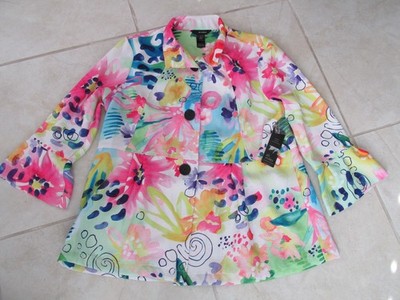 NEW Ali Miles Button Abstract Print Jacket WOMEN'S SZ L Wire Collar 3/4 Sleeves