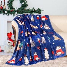 Christmas Throw Blanket Cat Printed Flannel Fleece Plush Decor 60x80 Inch