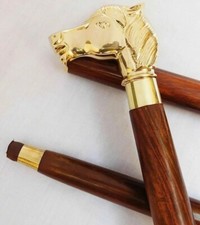 Brass Horse Head Handle Walking Stick Cane for Adults,Wooden Walking Cane Gift