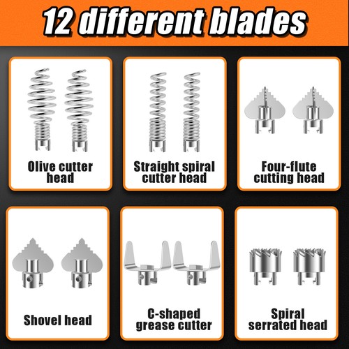 14Pcs Drain Cleaner Combination Cutter Head Set Manganese Steel Spring DEE - Picture 2 of 11