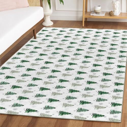 Xmas Tree Snowflakes Christmas Area Rug, Winter Home Decor 5' x 7' White/Green