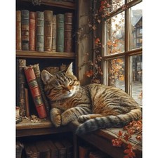 Sleeping Cat Paint by Numbers Kit for Adults - Bookshelf Paint by Numbers for...