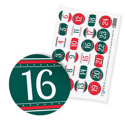 itenga 24x Sticker Zahlen Adventskalender Basteln 1 bis 24 Klassisch Mix 2,0 cm
