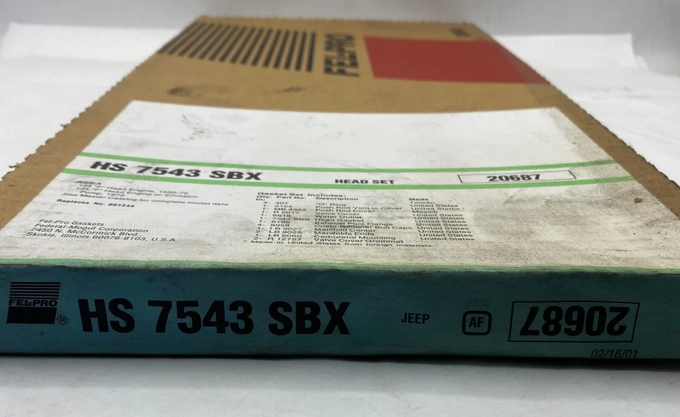 Juego de juntas de culata de motor Fel-Pro HS 7543 SBX JEEP 4 134 motor de culata 'F' Foto 2 de 3