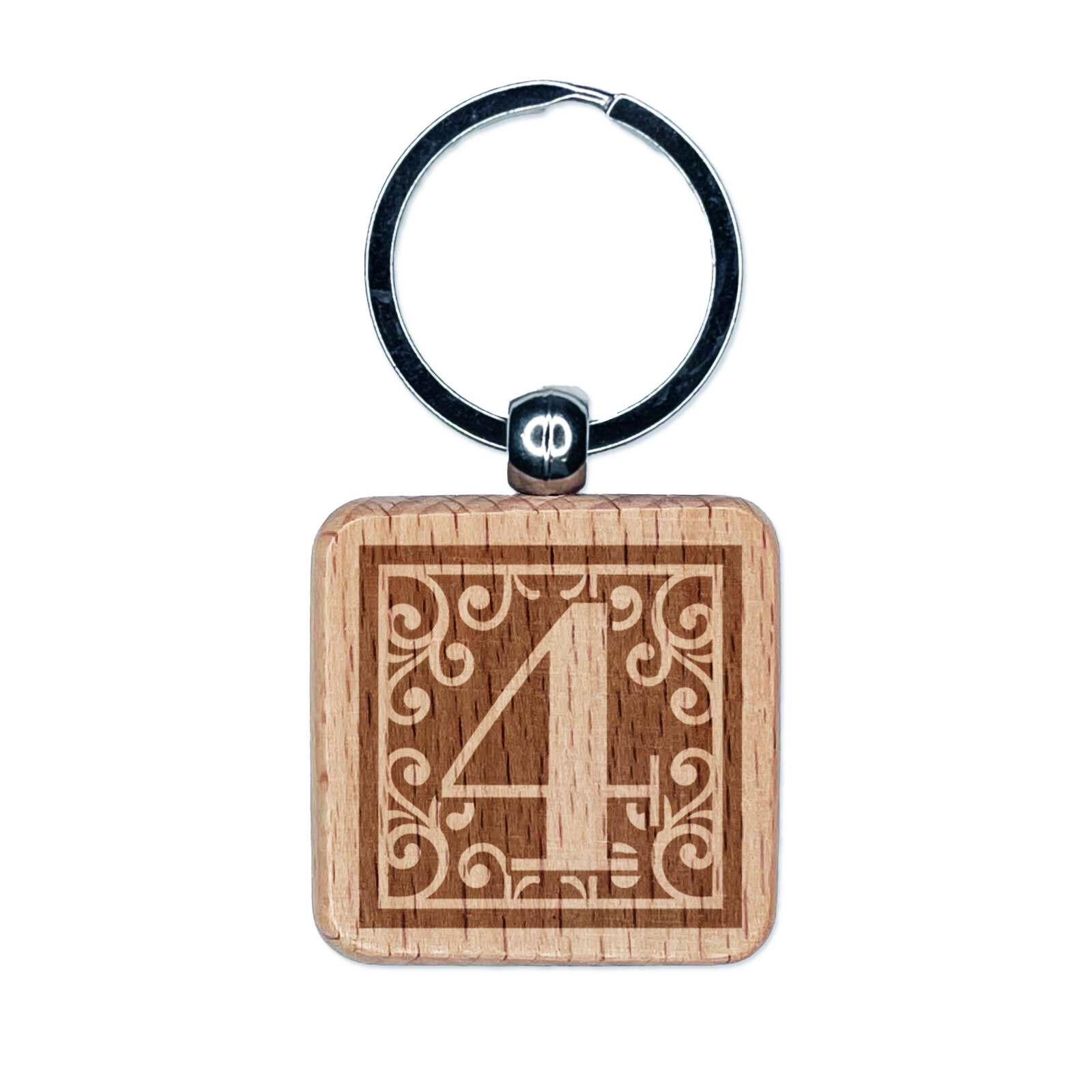 Monogram Swirls Engraved Wood Keychain Number 4 Square Tag Charm