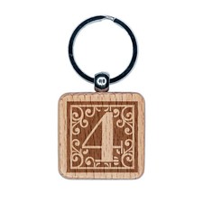 Monogram Swirls Number 4 Four Engraved Wood Square Keychain Tag Charm