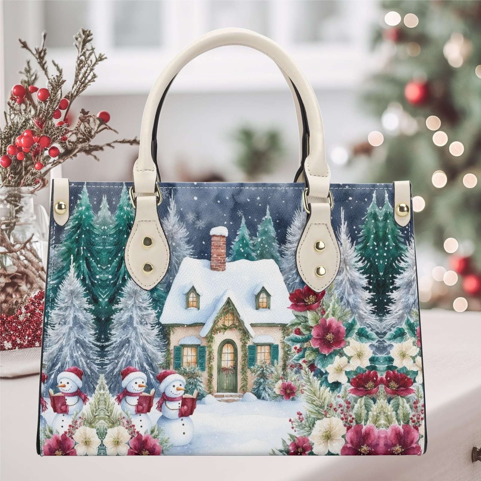 Christmas winter Handbag shoulder purse tote Vegan leather whimsical Holiday