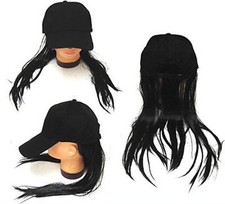 BASEBALL CAP W LONG BLACK FAKE HAIR funny costume hat wig MEN WOMEN cap novelty
