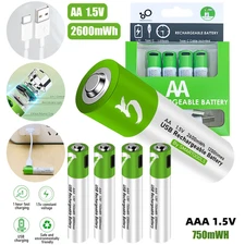 1.5v AA AAA USB Rechargeable Lithium Li-ion Batteries 2600mWh with Type-C Cable