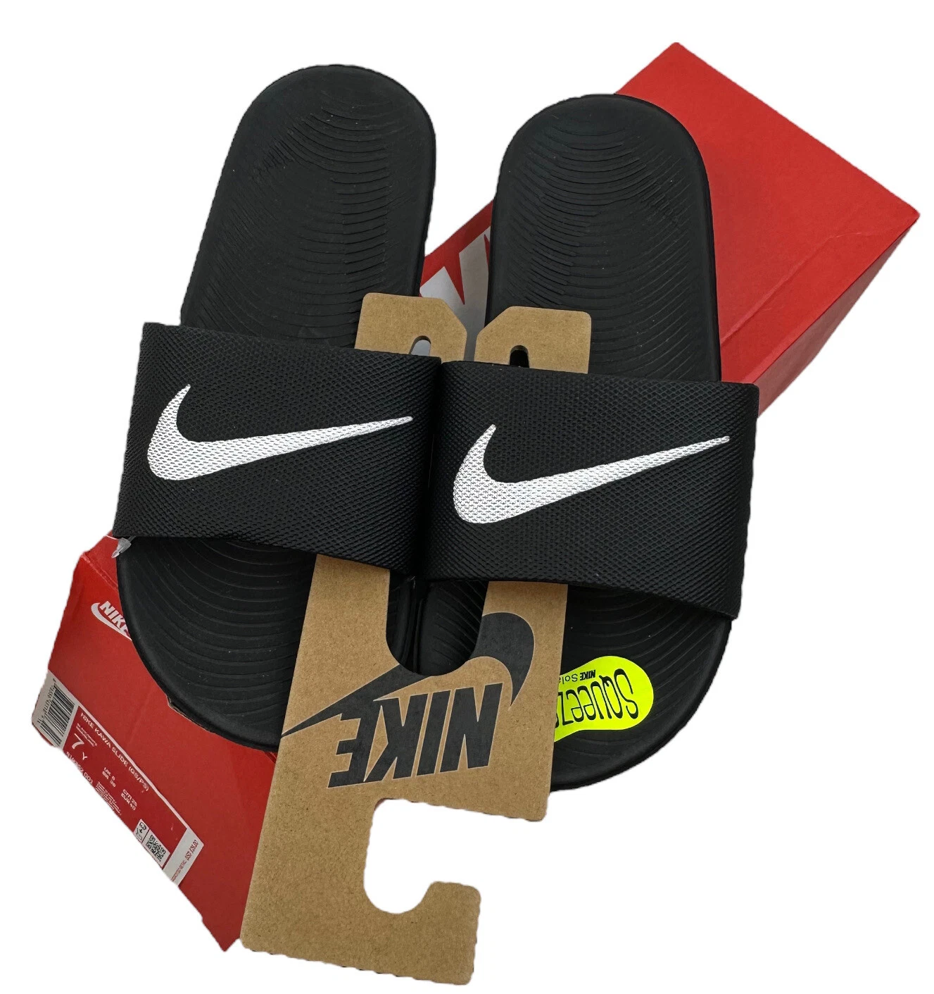 Sandalo Nike unisex bambini Kawa Slide Youth US Big Kid nero bianco Swoosh taglia 7 nuovo con scatola