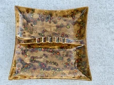 Vintage MCM Large 11" Square Ceramic Cigar Cigarette Ashtray Brown Speckled Tiki