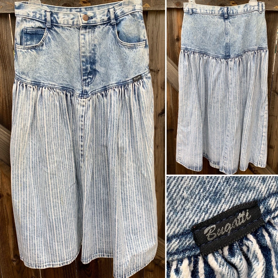 Vintage Bugatti High Waist Denim Skirt Acid Wash Striped Acid Wash 11 28 Waist - Image 4 of 4